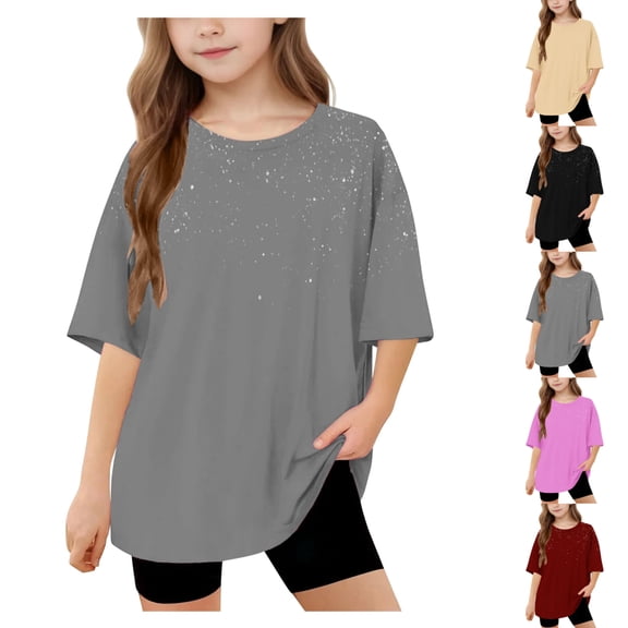 SGFCWSX Girls Short Sleeve T-Shirt, Kids Crew Neck Tees Oversized Casual Summer Tops Gray Size 8-9 Years