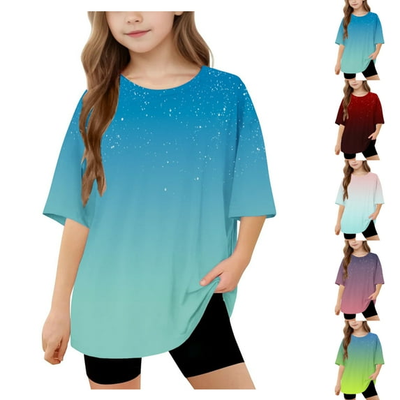 SGFCWSX Girls Short Sleeve T-Shirt, Kids Crew Neck Tees Relaxed Fit Gradient Daily Summer Tops Blue Size 10-11 Years