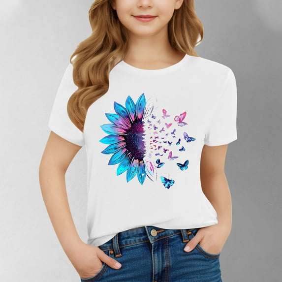 SGFCWSX Girls Short Sleeve T-Shirt, Kids Crewneck Regular Fit Print Summer Tees Casual Everyday Tops White Size 10-11 Years