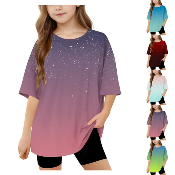 SGFCWSX Girls Short Sleeve T-Shirt, Kids Gradient Tees Relaxed Fit Crew Neck Daily Summer Tops Purple Size 8-9 Years