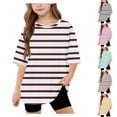 thumbnail image 1 of SGFCWSX Girls Short Sleeve T-Shirt, Kids Loose Fit Striped Tees Crew Neck Daily Summer Tops Brown Size 8-9 Years, 1 of 9