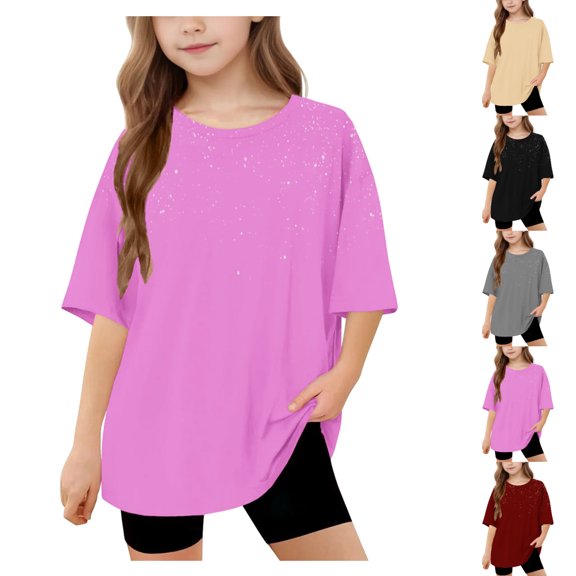 SGFCWSX Girls Short Sleeve T-Shirt, Kids Oversized Crew Neck Tees Casual Summer Tops Hot Pink Size 6-7 Years