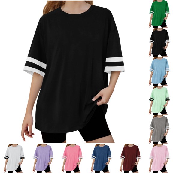 SGFCWSX Girls Short Sleeve T-Shirt, Kids Oversized Striped Cuff Summer Casual Tops Black Size 10-11 Years