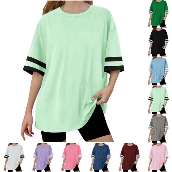 SGFCWSX Girls Short Sleeve T-Shirt, Kids Oversized Striped Cuff Summer Casual Tops Green Size 10-11 Years