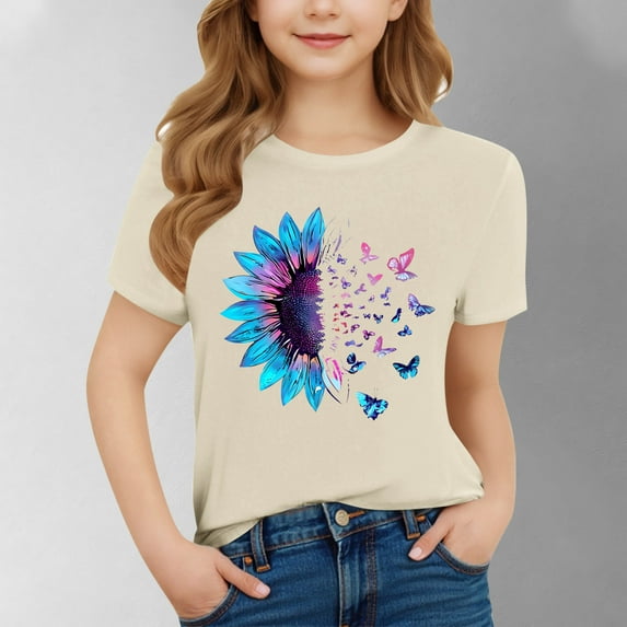 SGFCWSX Girls Short Sleeve T-Shirt, Kids Print Regular Fit Crewneck Summer Tees Casual Everyday Tops Beige Size 9-10Years