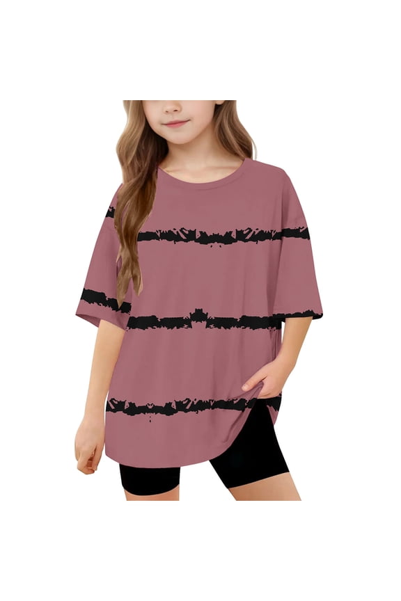 Girls Short Sleeve T-Shirt, Kids Striped Crew Neck Tees Oversized Daily Summer Tops Pink Size 10-11 Years