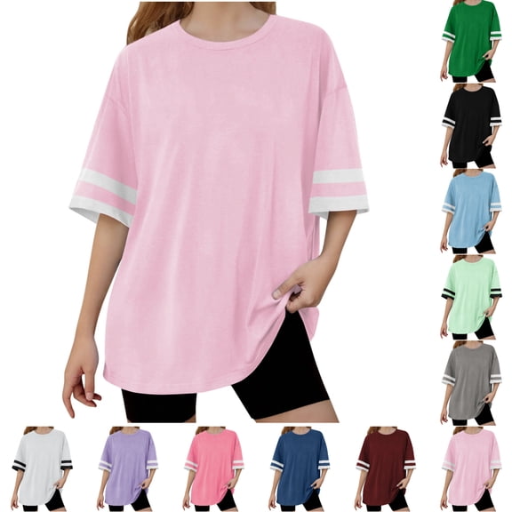 SGFCWSX Girls Short Sleeve T-Shirt, Kids Striped Cuff Summer Oversized Casual Tops Pink Size 10-11 Years