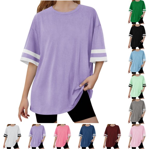 SGFCWSX Girls Short Sleeve T-Shirt, Kids Summer Oversized Striped Cuff Casual Tops Purple Size 10-11 Years