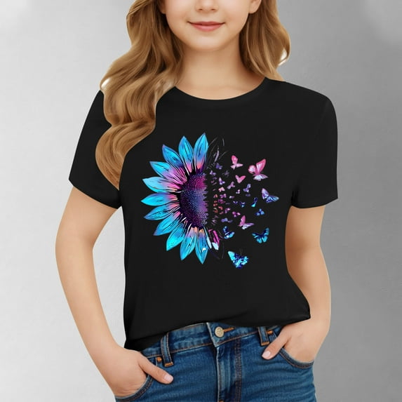 SGFCWSX Girls Short Sleeve T-Shirt, Kids Summer Tees Regular Fit Print Crewneck Casual Everyday Tops Black Size 10-11 Years