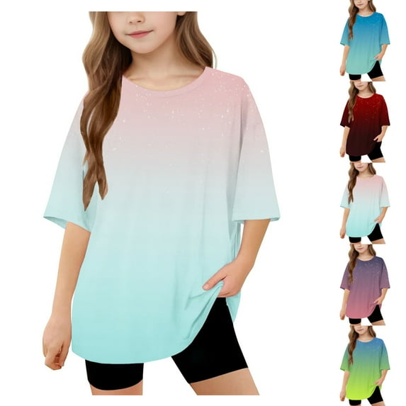 SGFCWSX Girls Short Sleeve T-Shirt, Kids Tees Gradient Crew Neck Relaxed Fit Daily Summer Tops Pink Size 10-11 Years