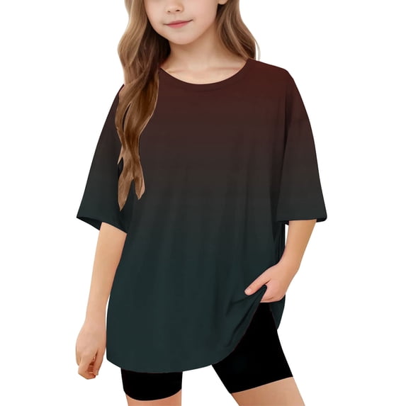 SGFCWSX Girls Short Sleeve T-Shirt, Kids Tees Oversized Gradient Crew Neck Daily Summer Tops Wine Size 6-7 Years