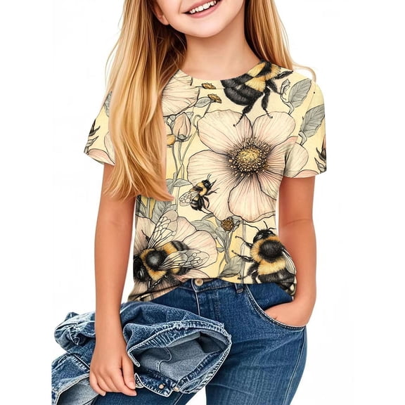 SGFCWSX Girls Short Sleeve T-Shirt, Summer Tops Cute Floral Print Tees for Kids Yellow Size 4-5 Years