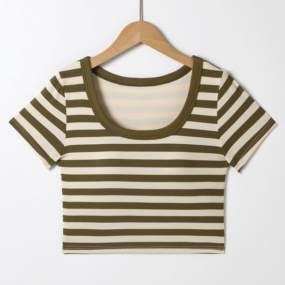 SGFCWSX Girls Short Sleeve T-Shirt, Teens Casual Crop Tops Ribbed Striped Slim Fit Square Neck Summer Tees Green Size 16-17Years
