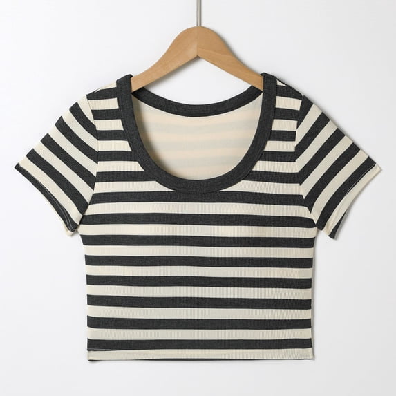SGFCWSX Girls Short Sleeve T-Shirt, Teens Casual Crop Tops Square Neck Ribbed Striped Slim Fit Summer Tees Gray Size 14-15Years