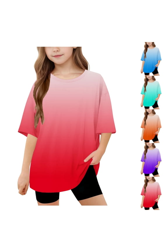 Girls Short Sleeve T-Shirt, Teens Crew Neck Gradient Tees Oversized Casual Summer Tops Red Size 14-15 Years