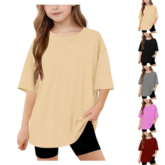 SGFCWSX Girls Short Sleeve T-Shirt, Teens Crew Neck Oversized Tees Casual Summer Tops Beige Size 14-15 Years