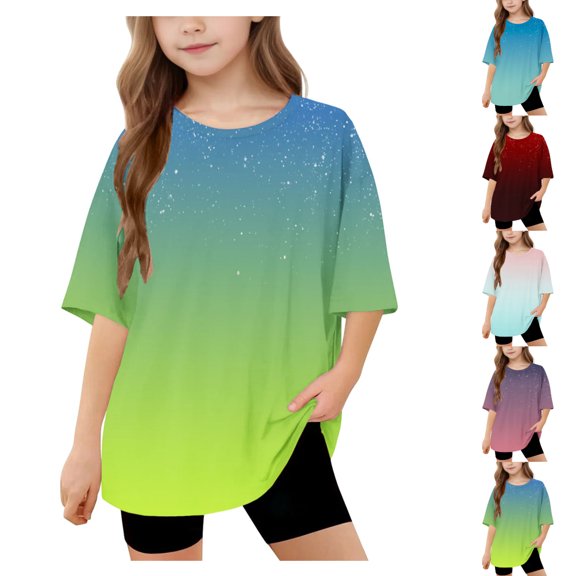 SGFCWSX Girls Short Sleeve T-Shirt, Teens Crew Neck Relaxed Fit Tees Gradient Daily Summer Tops Green Size 12-13 Years