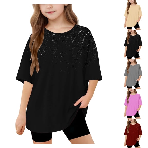 SGFCWSX Girls Short Sleeve T-Shirt, Teens Crew Neck Tees Oversized Casual Summer Tops Black Size 14-15 Years