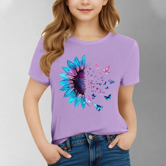SGFCWSX Girls Short Sleeve T-Shirt, Teens Crewneck Print Regular Fit Summer Tees Casual Everyday Tops Purple Size 12-13Years