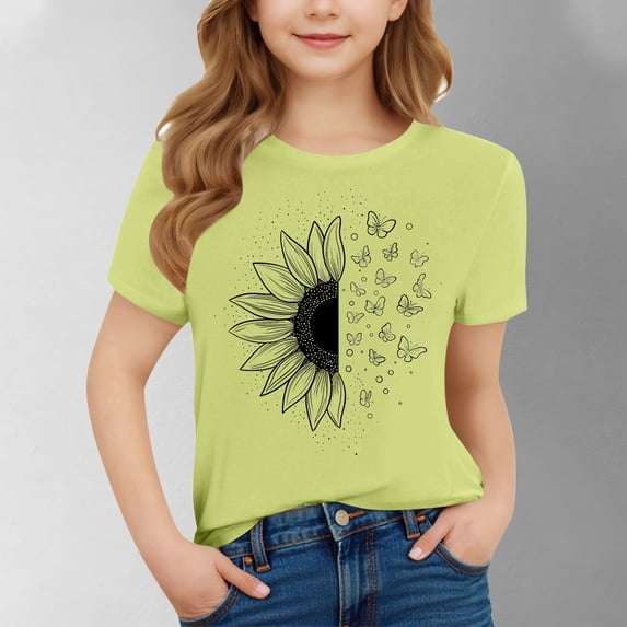 SGFCWSX Girls Short Sleeve T-Shirt, Teens Regular Fit Print Crewneck Casual Tops Green Size 12-13Years