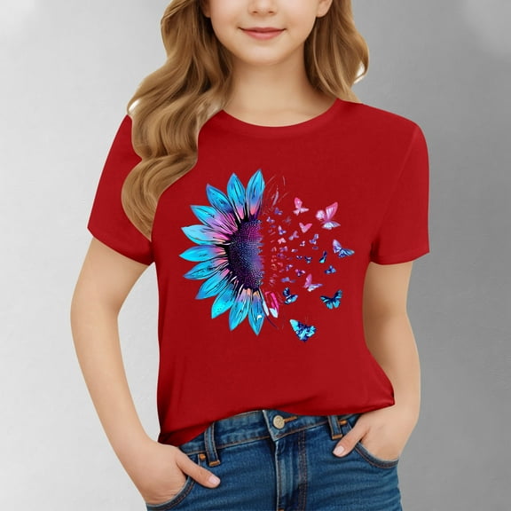 SGFCWSX Girls Short Sleeve T-Shirt, Teens Summer Tees Regular Fit Print Crewneck Casual Everyday Tops Red Size 14-15 Years