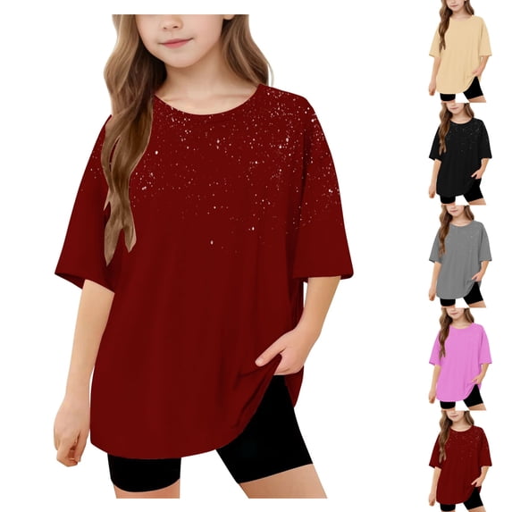 SGFCWSX Girls Short Sleeve T-Shirt, Teens Tees Oversized Crew Neck Casual Summer Tops Wine Size 12-13 Years