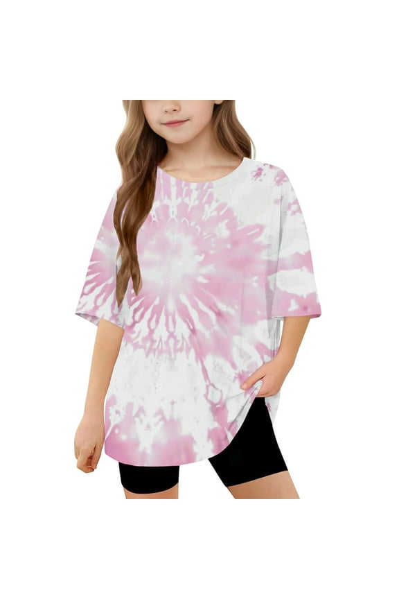 Girls Short Sleeve T-Shirt, Teens Tees Oversized Crew Neck Tie Dye Casual Summer Tops Pink Size 12-13 Years