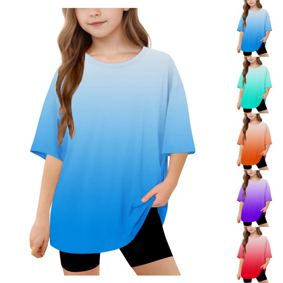 SGFCWSX Girls Short Sleeve T-Shirt, Teens Tees Oversized Gradient Crew Neck Casual Summer Tops Blue Size 12-13 Years