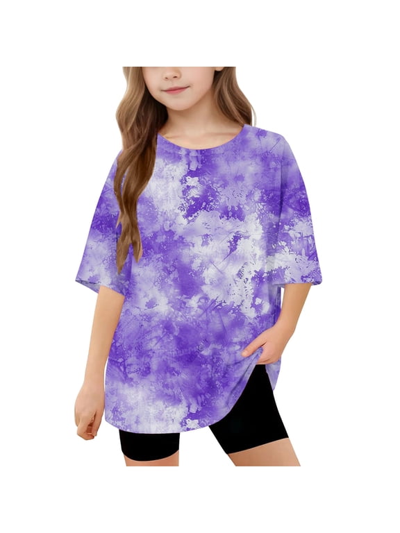 Girls Short Sleeve T-Shirt, Teens Tie Dye Tees Crew Neck Oversized Casual Summer Tops Purple Size 14-15 Years