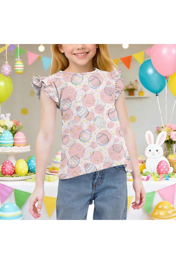 Girls Short Sleeve T Shirts Casual Summer Soft Ruffle Flutter Sleeve Easter Graphic Print Fashion Tops for Kids Multicolor Size 10 Years