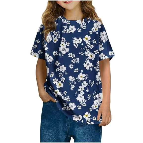SGFCWSX Girls Short Sleeve T Shirts, Kids Casual Crewneck Tops Summer Floral Print Tees Blue Size 5-6 Years