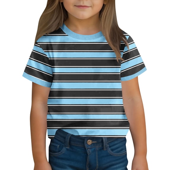 SGFCWSX Girls Short Sleeve T Shirts, Kids Crew Neck Striped Tees Relaxed Fit Summer Casual Tops Sky Blue Size 5-6 Years
