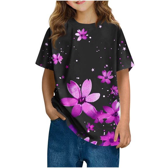 SGFCWSX Girls Short Sleeve T Shirts, Kids Crew Neck Tees Floral Print Summer Casual Tops Hot Pink Size 5-6 Years