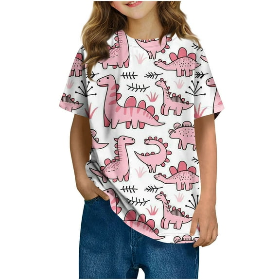 SGFCWSX Girls Short Sleeve T Shirts, Kids Crewneck Cartoon Dinosaur Print Tees Summer Casual Tops Pink Size 11-12 Years