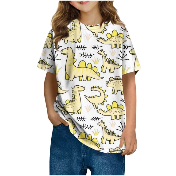 SGFCWSX Girls Short Sleeve T Shirts, Kids Crewneck Cartoon Dinosaur Print Tees Summer Casual Tops Yellow Size 3-4 Years