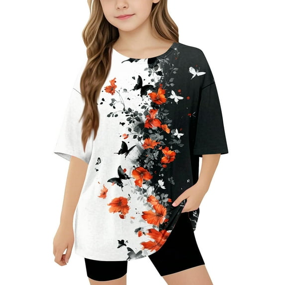 SGFCWSX Girls Short Sleeve T Shirts, Kids Crewneck Oversized Tops Graphic Summer Casual Tees Multicolor Size 9-10 Years
