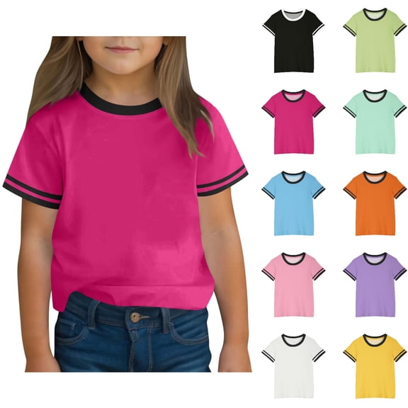 SGFCWSX Girls Short Sleeve T Shirts, Kids Crewneck Tees Ringer Relaxed Fit Summer Casual Tops Hot Pink Size 3-4 Years