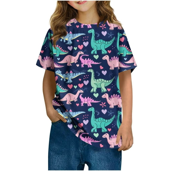 SGFCWSX Girls Short Sleeve T Shirts, Kids Dinosaur Print Crewneck Tees Summer Casual Tops Blue Size 4-5 Years