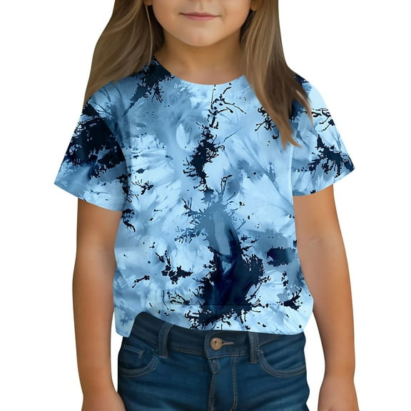 SGFCWSX Girls Short Sleeve T Shirts, Kids Relaxed Fit Crew Neck Print Tees Summer Casual Tops Blue Size 7-8 Years