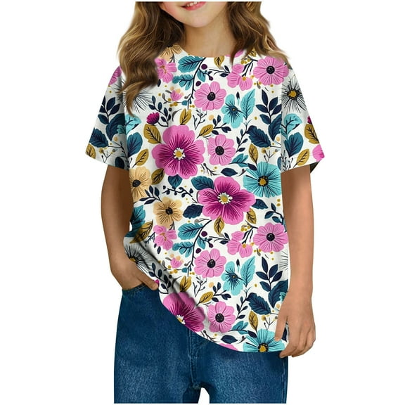 SGFCWSX Girls Short Sleeve T Shirts, Kids Relaxed Fit Graphic Lightweight Tops Summer Tees Multicolor Size 9-10 Years