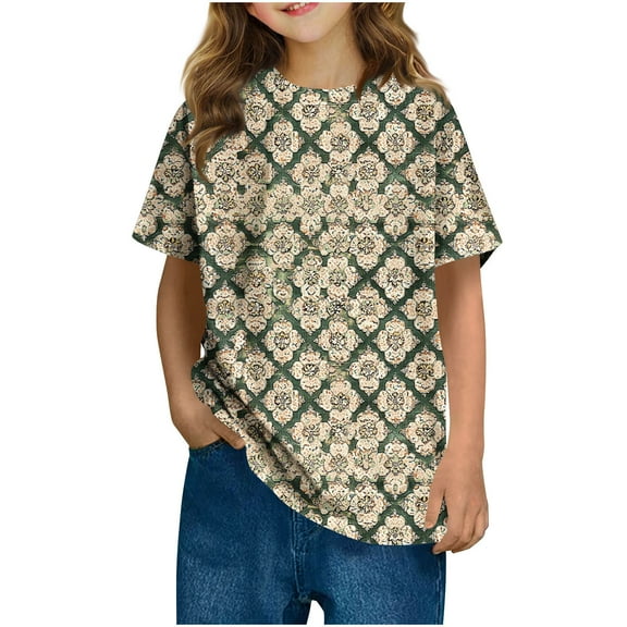 SGFCWSX Girls Short Sleeve T Shirts, Kids Relaxed Fit Tops Lightweight Graphic Summer Tees Green Size 9-10 Years
