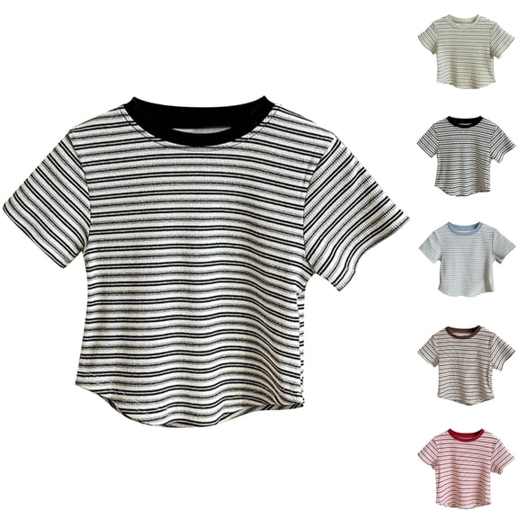 SGFCWSX Girls Short Sleeve T Shirts, Kids Ribbed Striped Ringer Tops Relaxed Fit Summer Casual Tees Black Size 4-5 Years