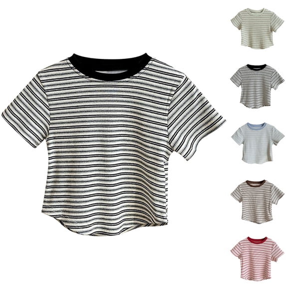 SGFCWSX Girls Short Sleeve T Shirts, Kids Ringer Relaxed Fit Ribbed Striped Tops Summer Casual Tees Black Size 2-3 Years
