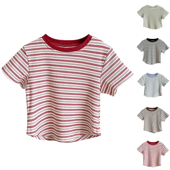SGFCWSX Girls Short Sleeve T Shirts, Kids Ringer Relaxed Fit Ribbed Striped Tops Summer Casual Tees Red Size 8-9 Years