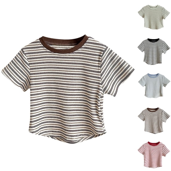 SGFCWSX Girls Short Sleeve T Shirts, Kids Ringer Ribbed Striped Relaxed Fit Tops Summer Casual Tees Brown Size 4-5 Years