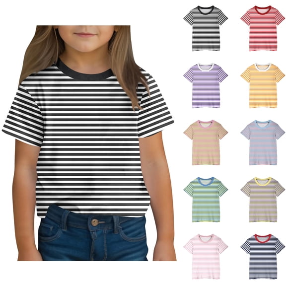 SGFCWSX Girls Short Sleeve T Shirts, Kids Striped Crewneck Tees Relaxed Fit Summer Casual Tops Black Size 11-12 Years