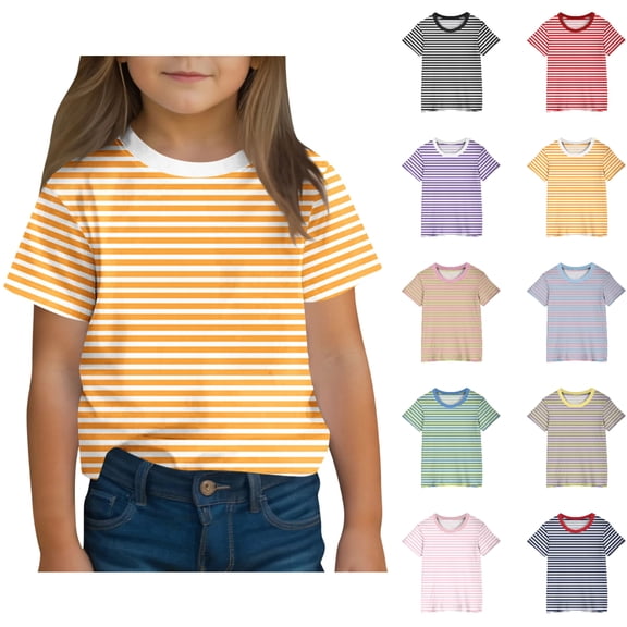 SGFCWSX Girls Short Sleeve T Shirts, Kids Striped Tees Crewneck Relaxed Fit Summer Casual Tops Yellow Size 11-12 Years
