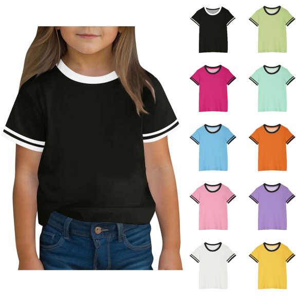 SGFCWSX Girls Short Sleeve T Shirts, Kids Tees Crewneck Ringer Relaxed Fit Summer Casual Tops Black Size 11-12 Years