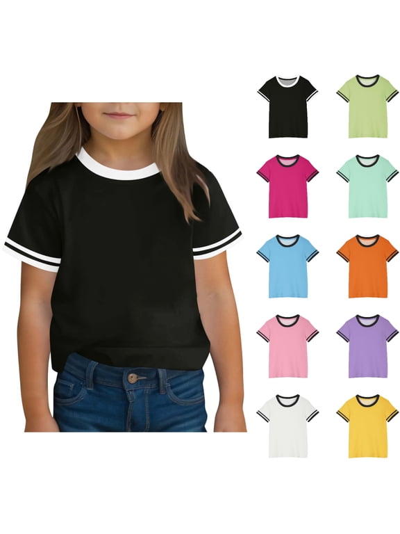 Girls Short Sleeve T Shirts, Kids Tees Ringer Crewneck Relaxed Fit Summer Casual Tops Black Size 4-5 Years