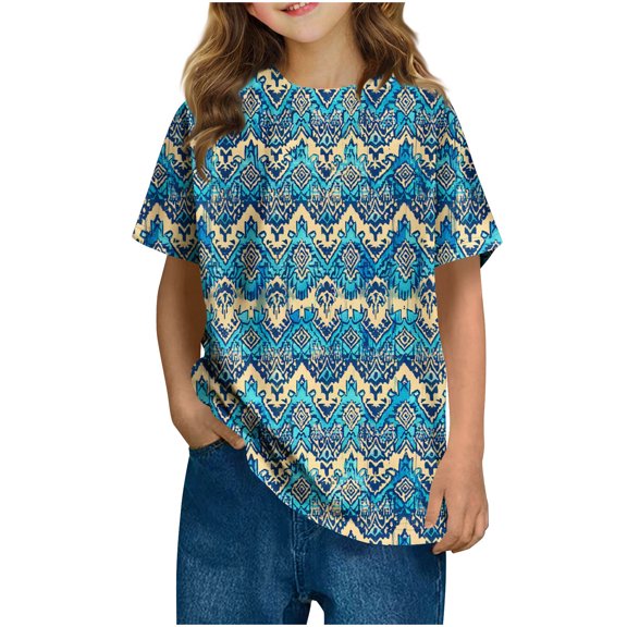 SGFCWSX Girls Short Sleeve T Shirts, Kids Tops Crewneck Summer Casual Print Tees Sky Blue Size 11-12 Years